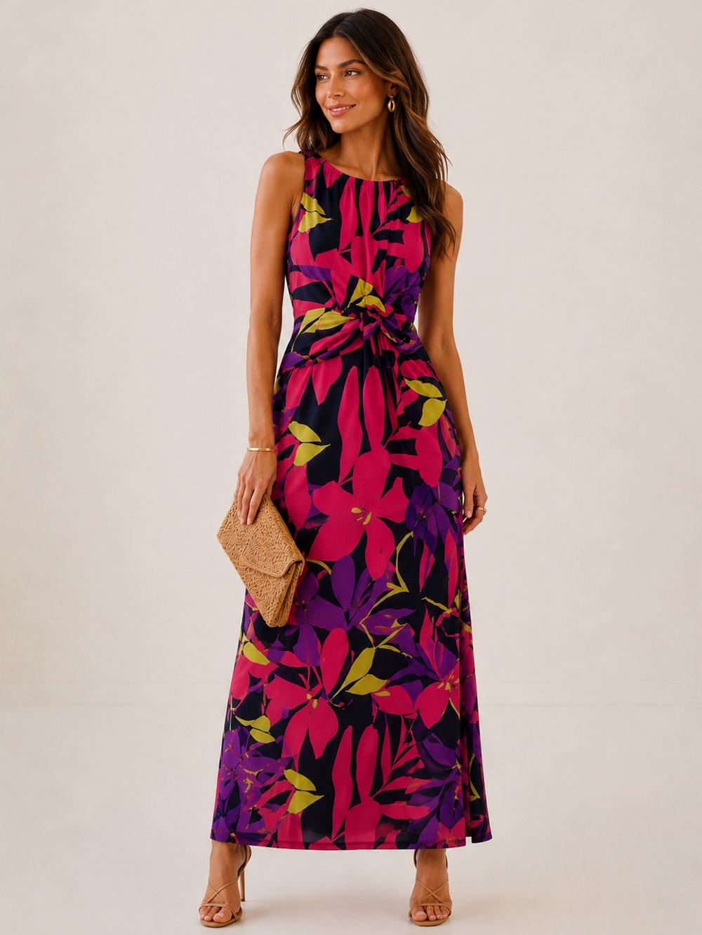 London Times Tropical Floral Twist Waist Maxi Dress Size 6 NWT